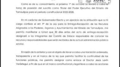 Photo of Recibe oficina de Cabeza de Vaca  carta de Américo que notifica Comisión de Transición