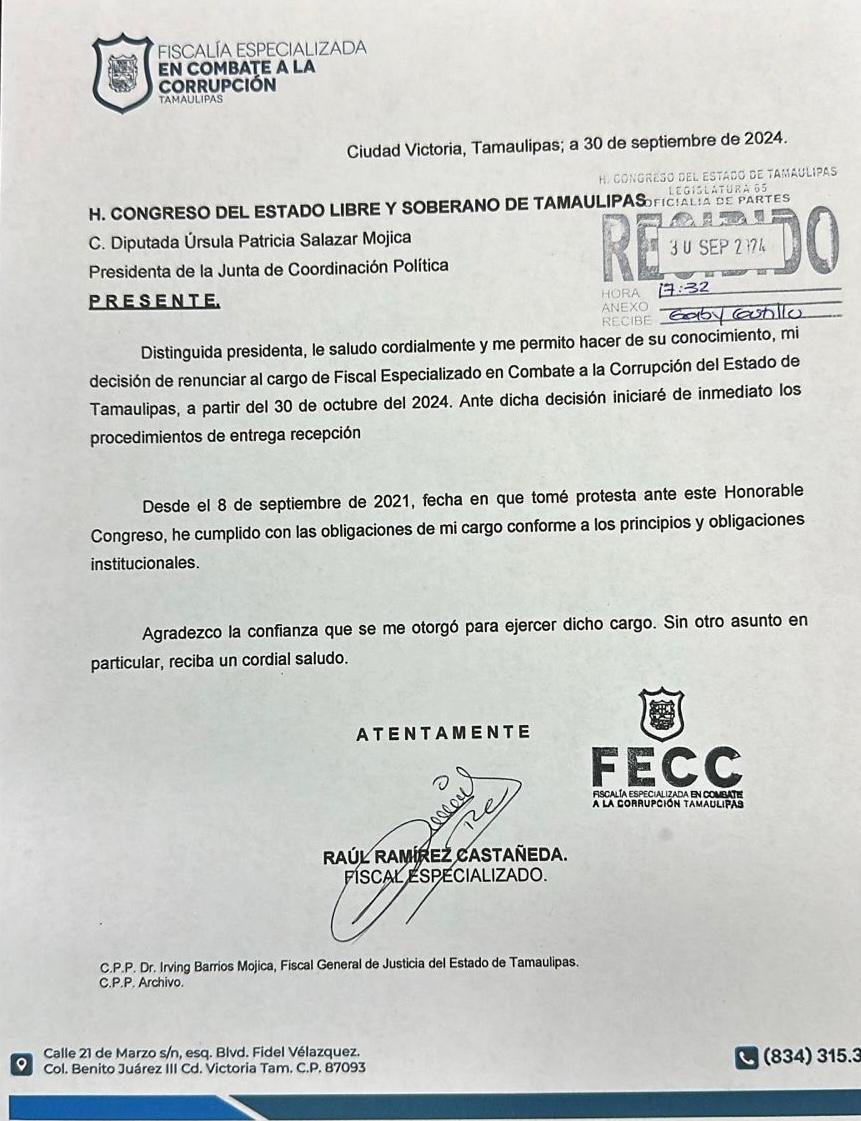 Oficio en el que Raúl Ramírez Castañeda notifica su renuncia al cargo como titular de la Fiscalía Anticorrupción.