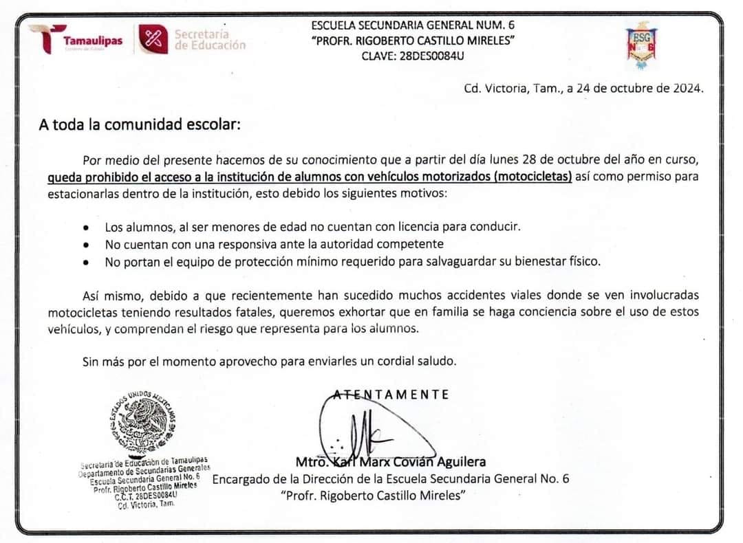anuncia secundaria en Victoria que los alumnos no podrán asistir en moto