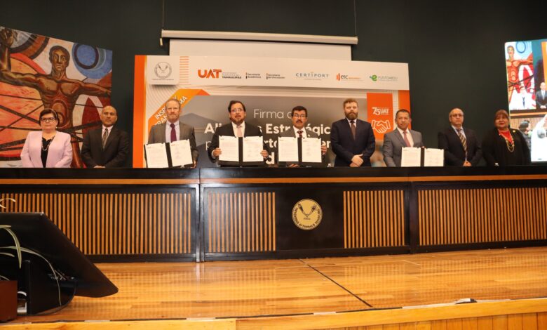 El Rector de la Universidad Autónoma de Tamaulipas (UAT), Dámaso Anaya Alvarado, presidió la firma de alianzas estratégicas con organismos internacionales especializados en certificación y desarrollo académico.
