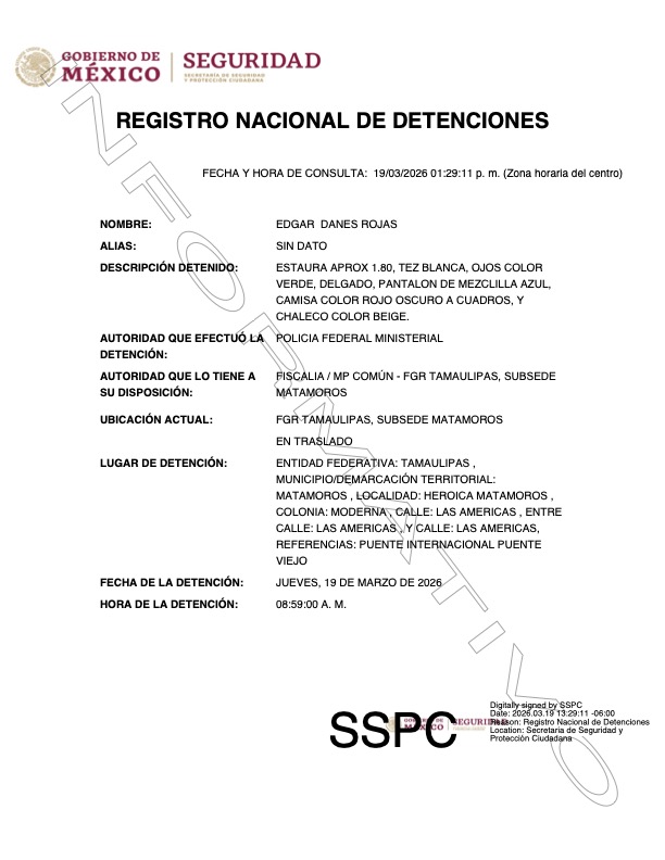 ficha de detención de Édgar Danés Rojas.