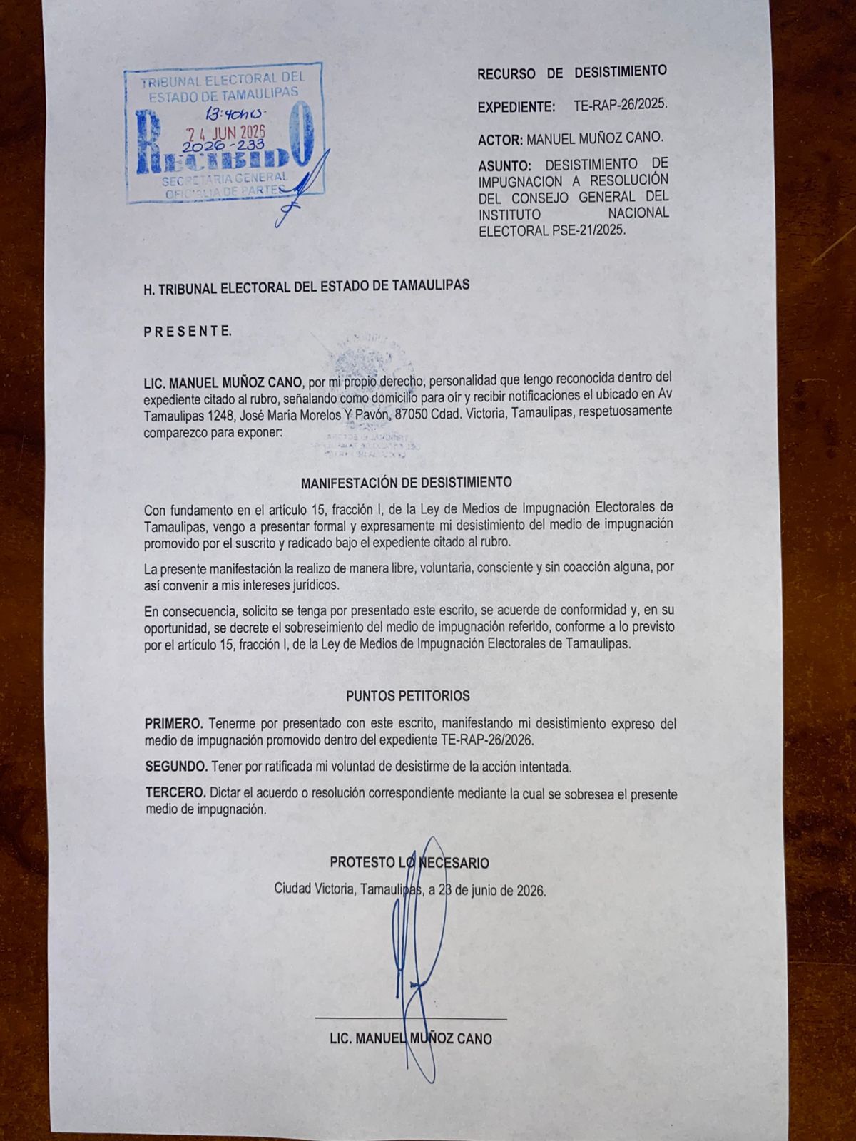 desestimiento Manuel Muñoz Cano