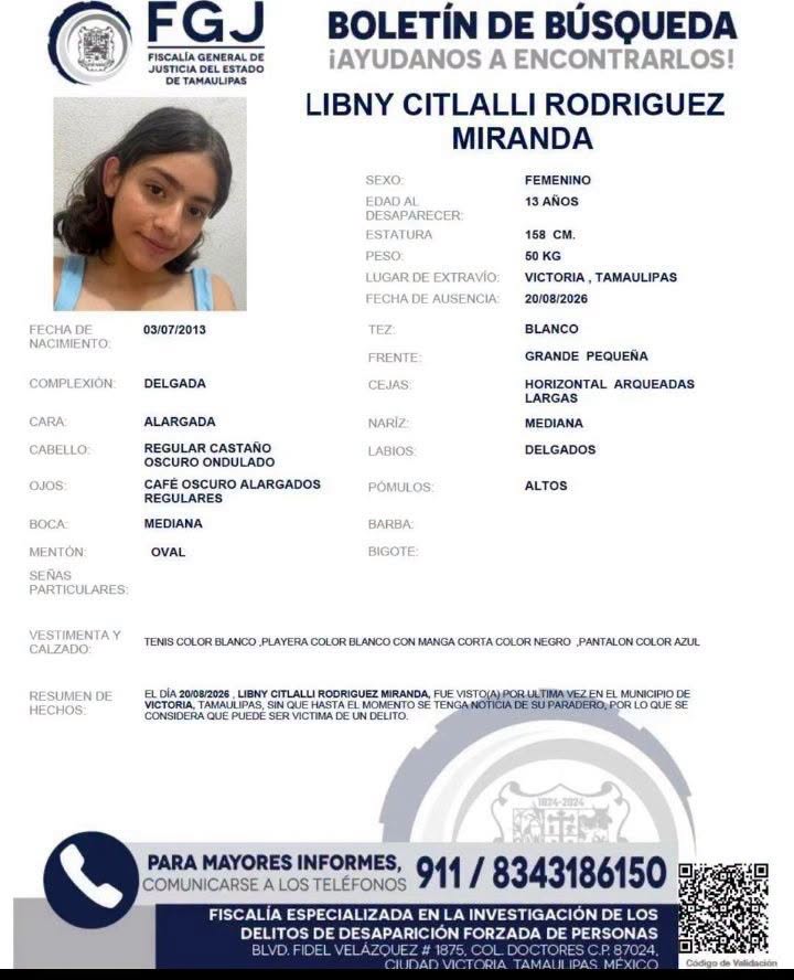 Buscan a Libny Citlali Rodríguez Miranda, de 13 años, desaparecida en Ciudad Victoria el 20 de agosto. 