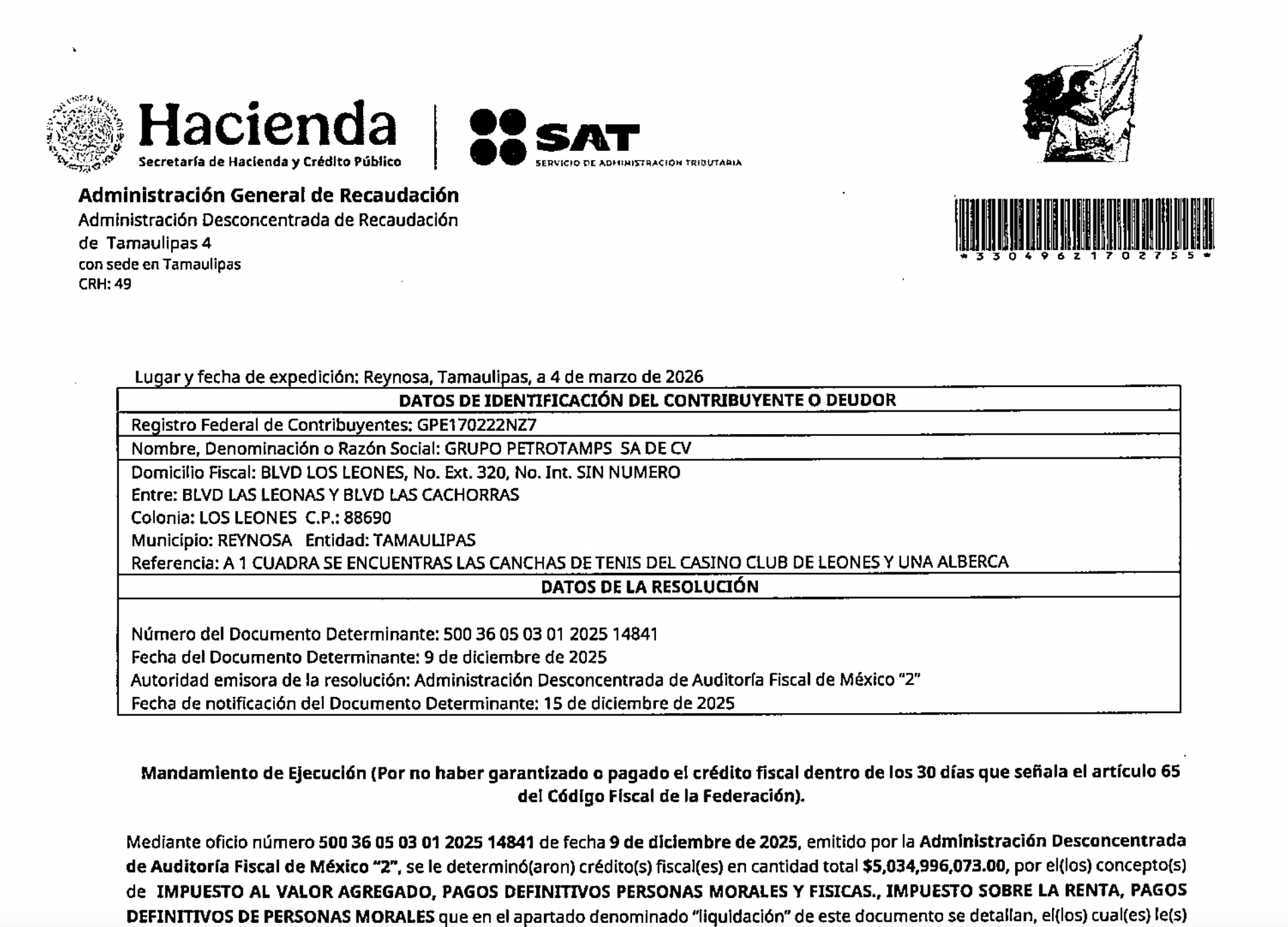Requerimiento del SAT a Petrotamps en el que se informa a la empresa que al cierre de 2025 debía impuestos por más de 5 mil millones de pesos.