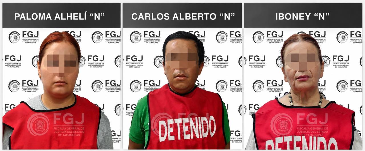 Iboney “N”, Paloma Alhelí “N” y Carlos Alberto “N”, fueron detenidos por su presunta responsabilidad en los delitos de Feminicidio, Privación Ilegal de la Libertad y Otras Garantías, Asociación Delictuosa y Robo de Vehículo.